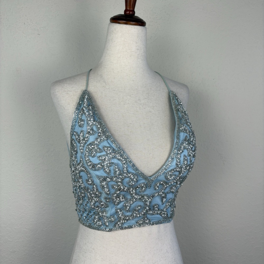 Primavera Size 2 Beaded Top Blue Fairy 2000s Festival Backless Lace Up Crop